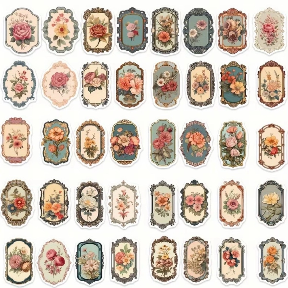 50 Flowers in Frames Stickers Vintage Floral Antique Style - Picture 2 of 7